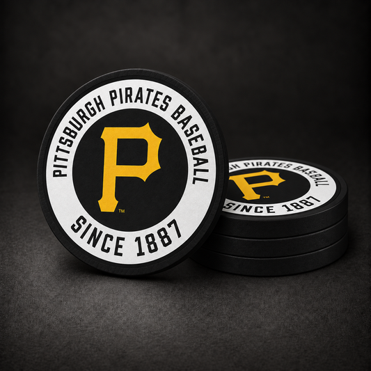 Pittsburgh Pirates Drink Coasters with black sides, three stacked and one standing on a dark charcoal background