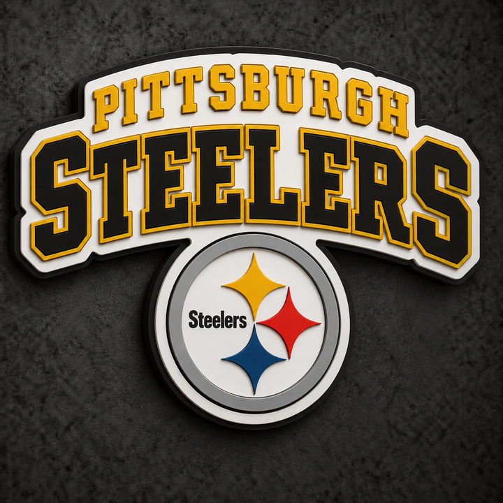 Pittsburgh Steelers 3D Plaque with raised layered artwork on a dark charcoal wall