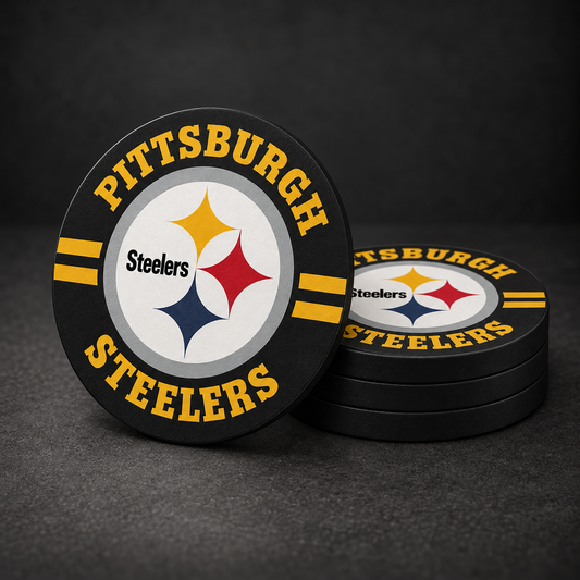 Pittsburgh Steelers Drink Coasters with black sides, three stacked and one standing on a dark charcoal background