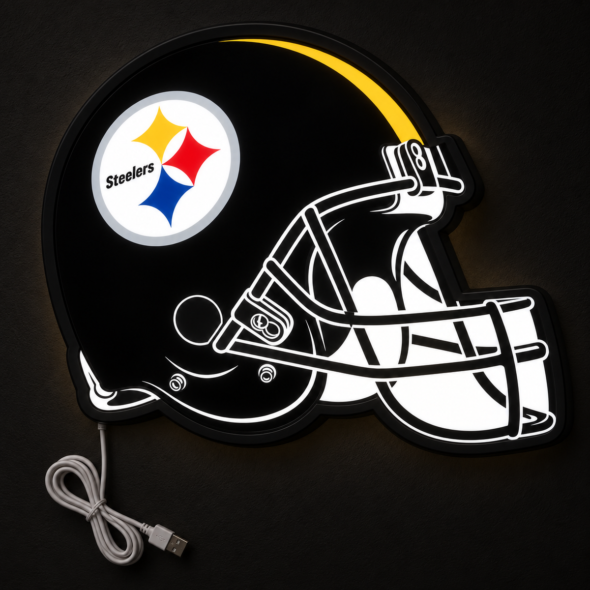 Pittsburgh Steelers Helmet LED Sign illuminated at night