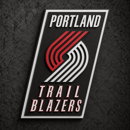 Portland Trail Blazers 3D Plaque with raised layered artwork on a dark charcoal wall