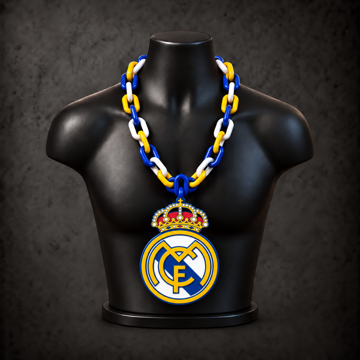Real Madrid Classic Hype Chain with blue, golden yellow, white alternating plastic links on a black display bust