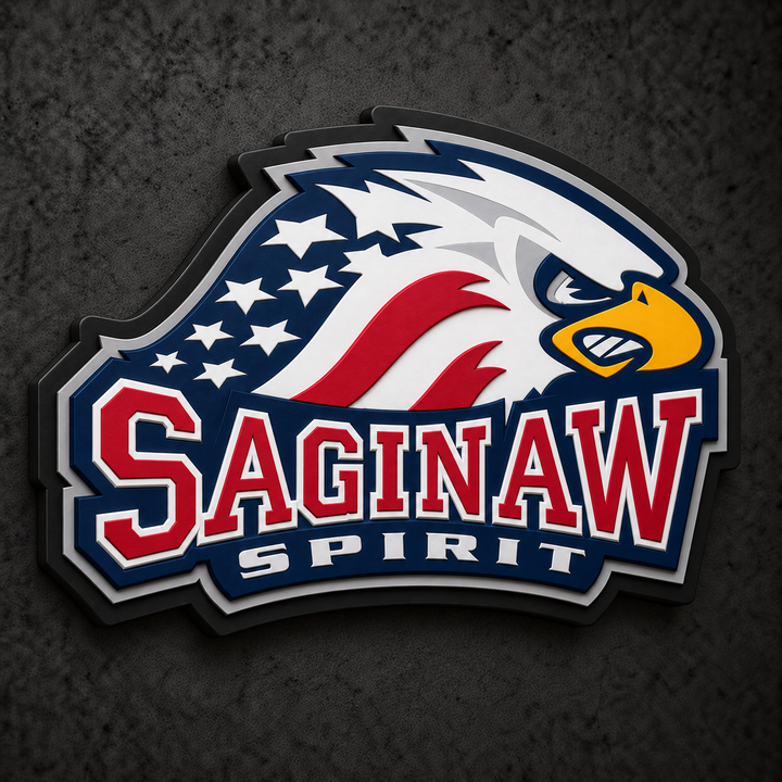 Saginaw Spirit 3D Plaque with raised layered artwork on a dark charcoal wall