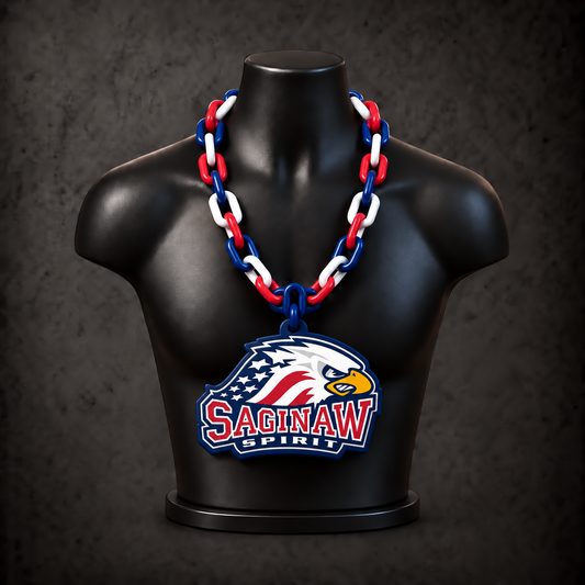 Saginaw Spirit Classic Hype Chain on black display bust - Sign Guy