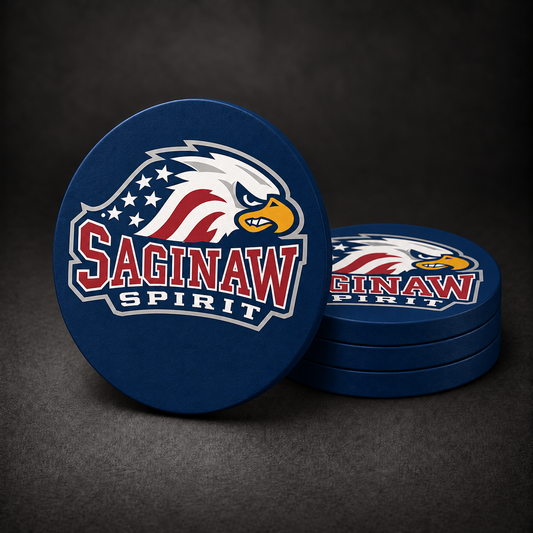 Saginaw Spirit Drink Coasters with navy blue sides, three stacked and one standing on a dark charcoal background