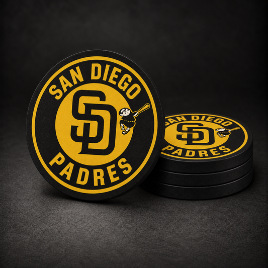 San Diego Padres Drink Coasters with black sides, three stacked and one standing on a dark charcoal background