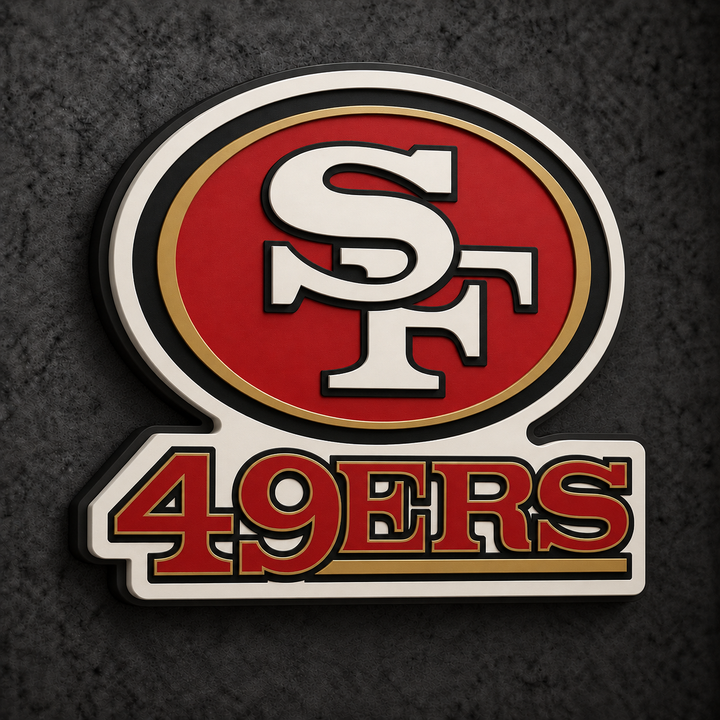 San Francisco 49ers 3D Plaque with raised layered artwork on a dark charcoal wall