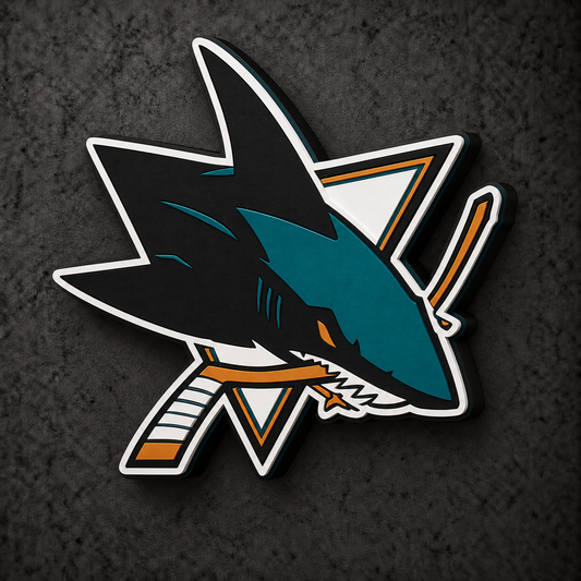 San Jose Sharks 3D Plaque with raised layered artwork on a dark charcoal wall