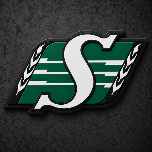 Saskatchewan Roughriders 3D Plaque with raised layered artwork on a dark charcoal wall