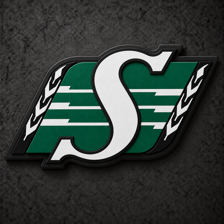 Saskatchewan Roughriders 3D Plaque with raised layered artwork on a dark charcoal wall