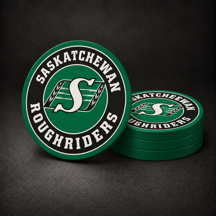 Saskatchewan Roughriders Drink Coasters with green sides, three stacked and one standing on a dark charcoal background