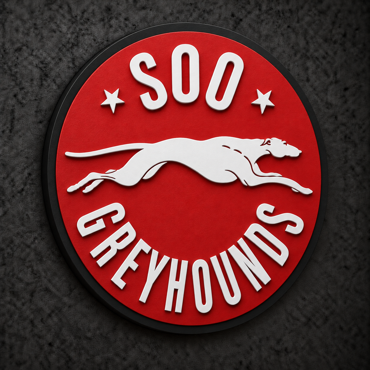 Sault Ste. Marie Greyhounds 3D Plaque with raised layered artwork on a dark charcoal wall