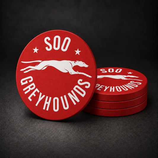 Sault Ste. Marie Greyhounds Drink Coasters with red sides, three stacked and one standing on a dark charcoal background