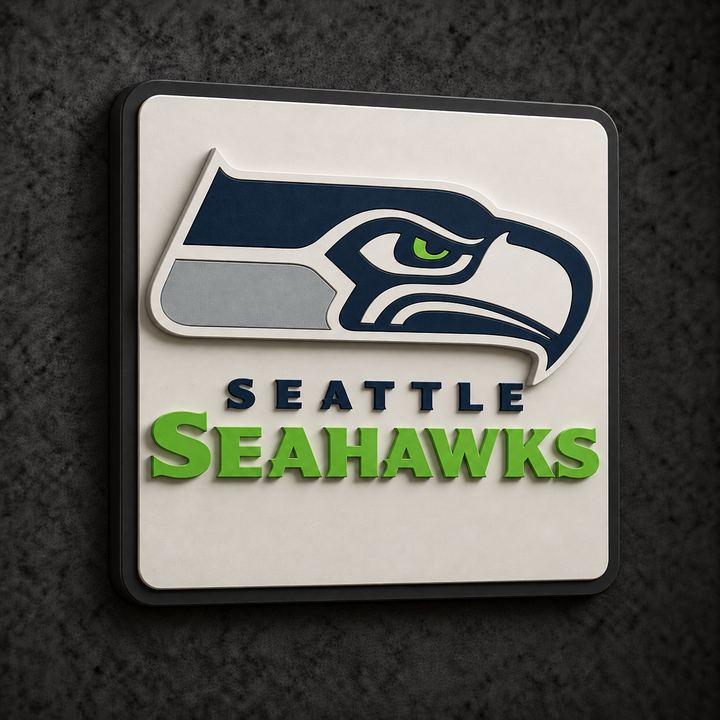Seattle Seahawks 3D Plaque with raised layered artwork on a dark charcoal wall