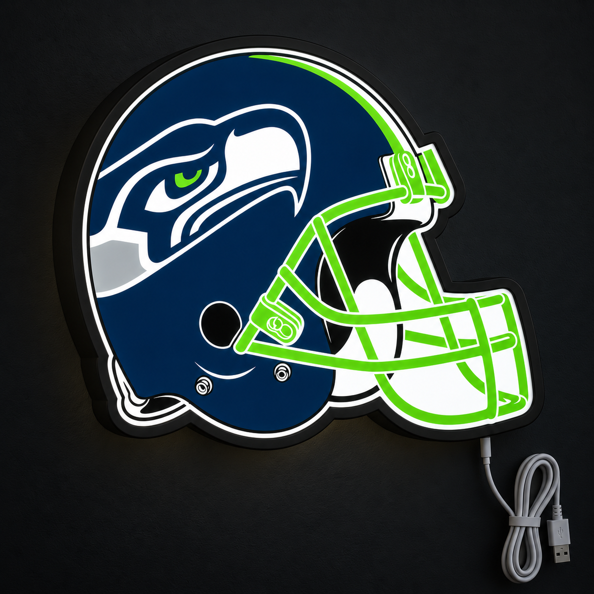 Seattle Seahawks Helmet LED Sign illuminated at night