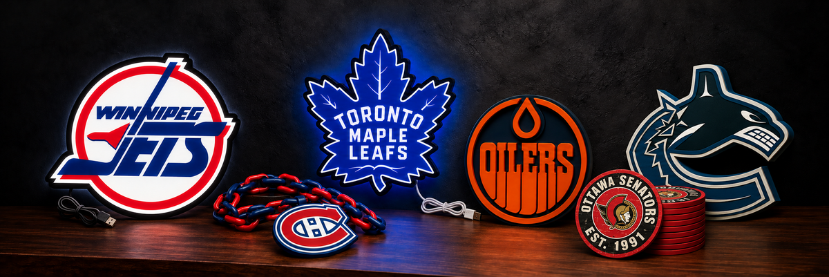 Toronto Maple Leafs LED sign, Montreal Canadiens Hype Chain and Edmonton Oilers plaque on a wooden shelf