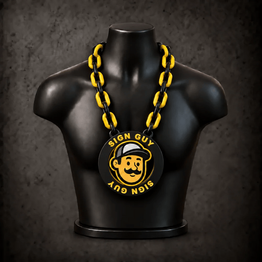 Black and yellow Spinner Hype Chain on a mannequin, with the Sign Guy text ring spinning and slowing to a stop around the stationary centre logo