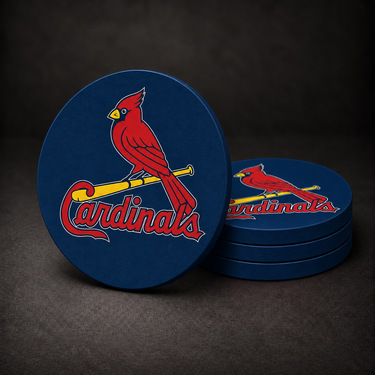 St. Louis Cardinals Drink Coasters with navy blue sides, three stacked and one standing on a dark charcoal background