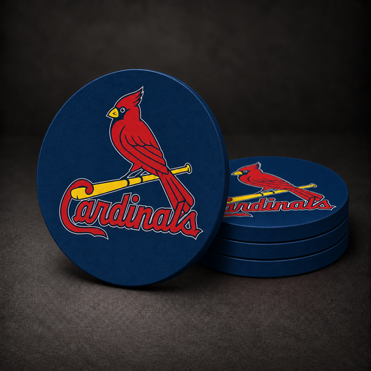St. Louis Cardinals Drink Coasters with navy blue sides, three stacked and one standing on a dark charcoal background