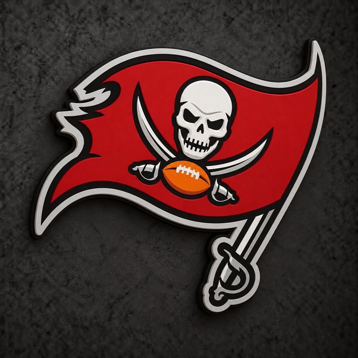 Tampa Bay Buccaneers 3D Plaque with raised layered artwork on a dark charcoal wall
