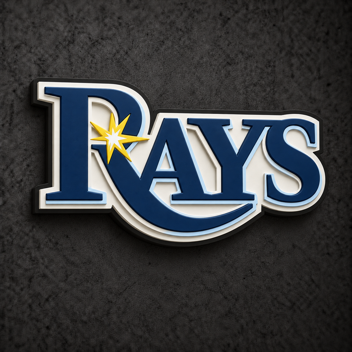 Tampa Bay Rays 3D Plaque with raised layered artwork on a dark charcoal wall
