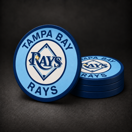 Tampa Bay Rays Drink Coasters with navy blue sides, three stacked and one standing on a dark charcoal background
