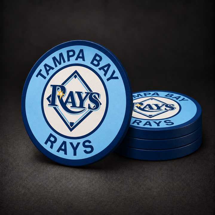 Tampa Bay Rays Drink Coasters with navy blue sides, three stacked and one standing on a dark charcoal background