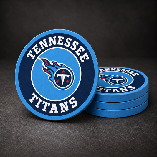 Tennessee Titans Drink Coasters with light blue sides, three stacked and one standing on a dark charcoal background