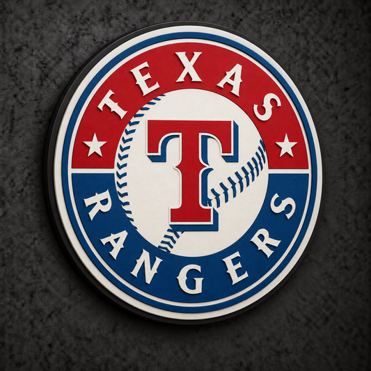 Texas Rangers 3D Plaque with raised layered artwork on a dark charcoal wall