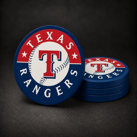 Texas Rangers Drink Coasters with navy blue sides, three stacked and one standing on a dark charcoal background