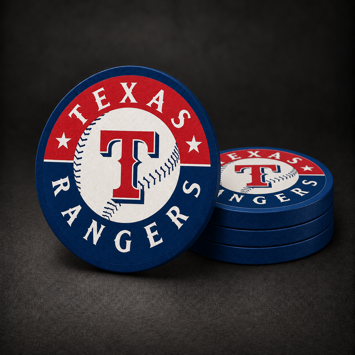 Texas Rangers Drink Coasters with navy blue sides, three stacked and one standing on a dark charcoal background
