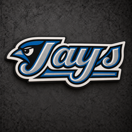 Toronto Blue Jays 2000s Retro 3D Plaque with raised layered artwork on a dark charcoal wall