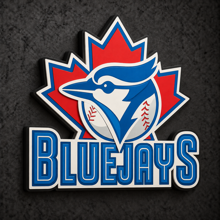 Toronto Blue Jays 90s Retro 3D Plaque with raised layered artwork on a dark charcoal wall