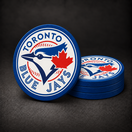 Toronto Blue Jays drink coasters with corrected navy lower bird logo, blue sides, three stacked and one standing on a dark charcoal background