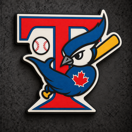 Toronto Blue Jays Muscle Bird Retro 3D Plaque with raised layered artwork on a dark charcoal wall
