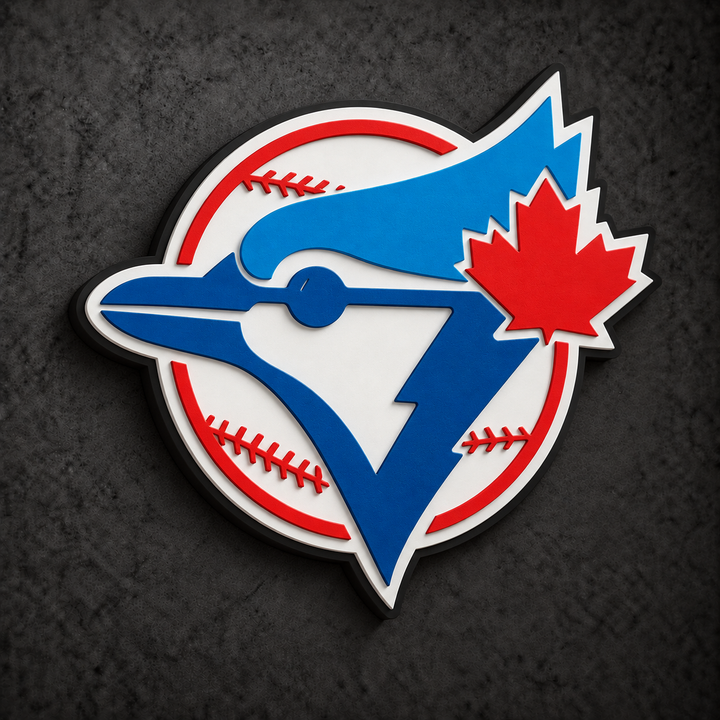 Toronto Blue Jays OG Retro 3D Plaque with raised red, white and blue artwork on a dark charcoal wall
