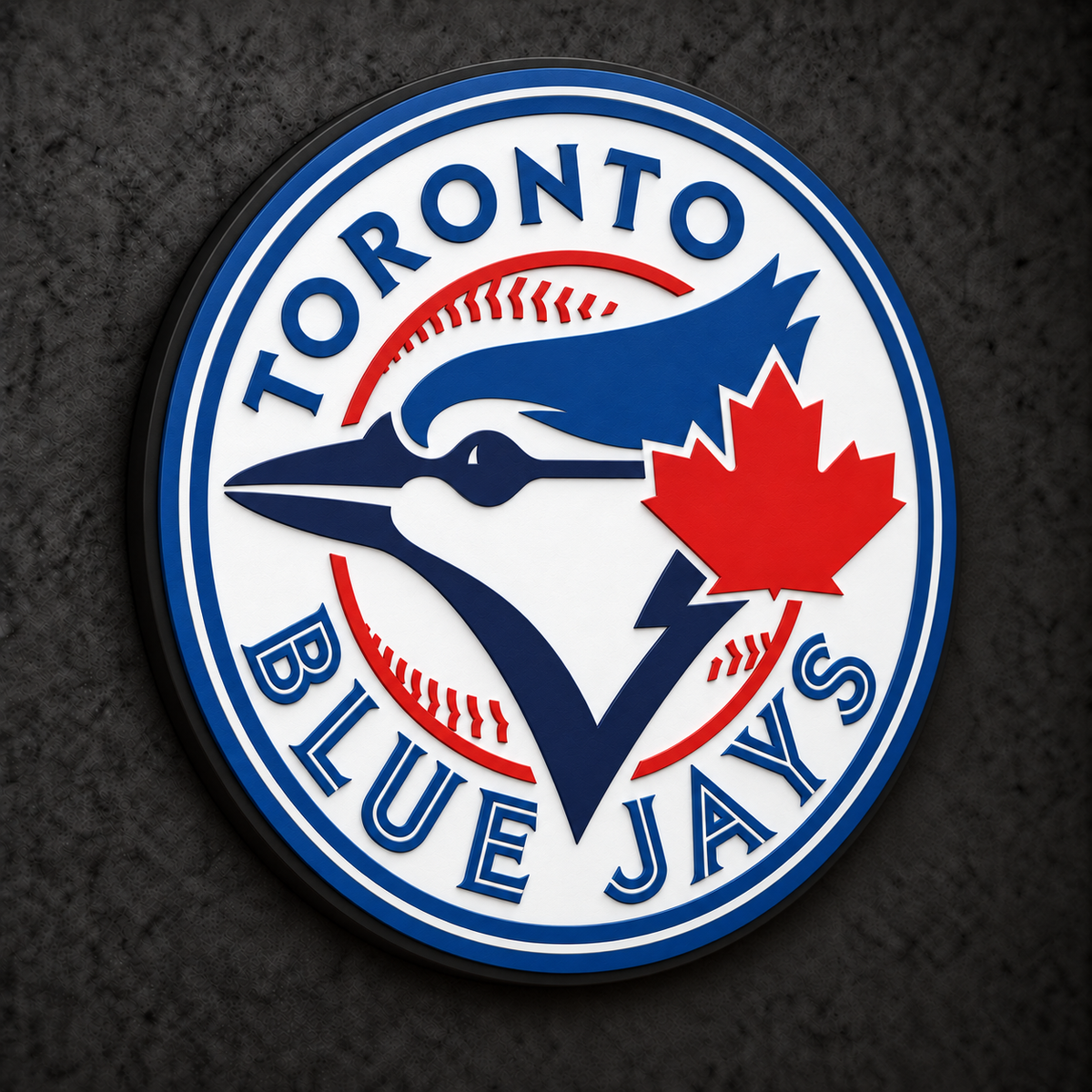 Toronto Blue Jays 3D Plaque with raised layered artwork on a dark charcoal wall