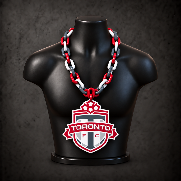 Toronto FC Classic Hype Chain with red, slate grey, white alternating plastic links on a black display bust