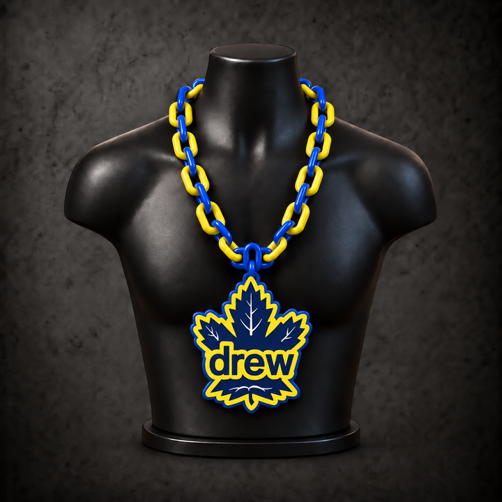 Toronto Maple Leafs x drew house Blue Classic Hype Chain on black display bust - Sign Guy