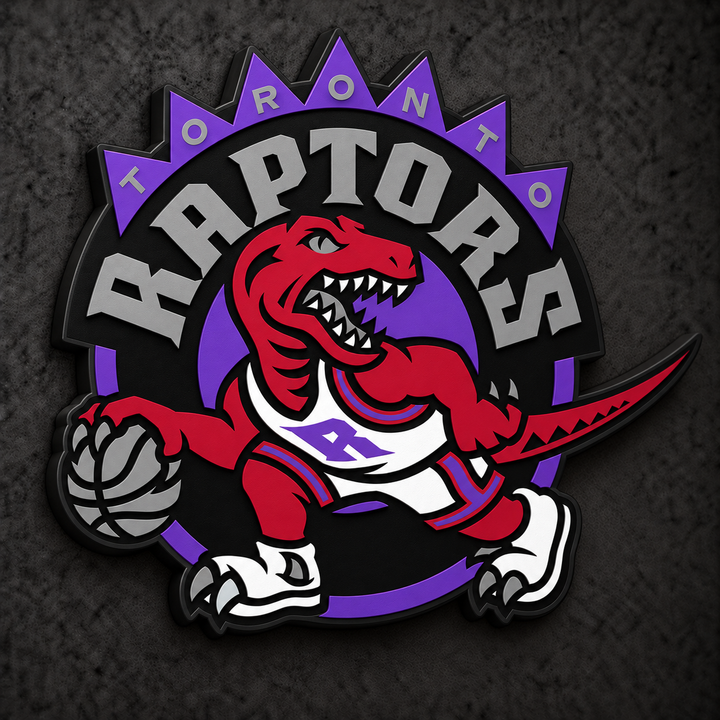 Toronto Raptors Retro 3D Plaque with grey TORONTO and RAPTORS lettering, crimson dinosaur and purple details on a dark charcoal wall