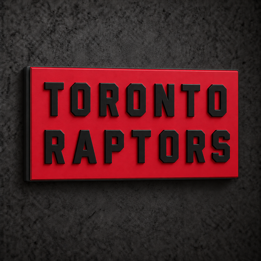 Toronto Raptors Wordmark 3D Plaque with raised layered artwork on a dark charcoal wall