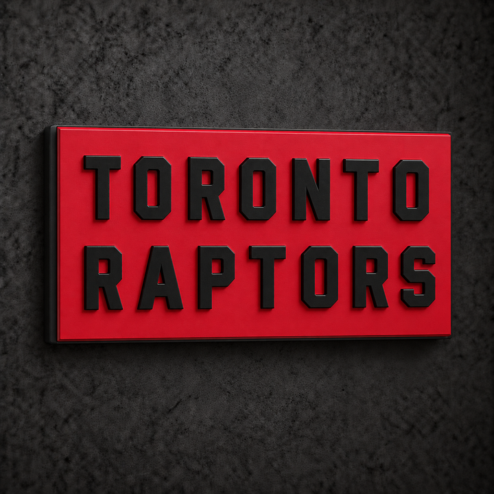 Toronto Raptors Wordmark 3D Plaque with raised layered artwork on a dark charcoal wall