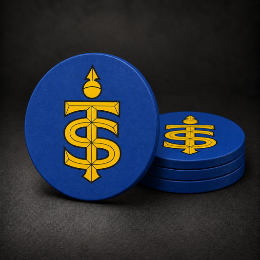 Toronto Sceptres Drink Coasters with royal blue sides, three stacked and one standing on a dark charcoal background