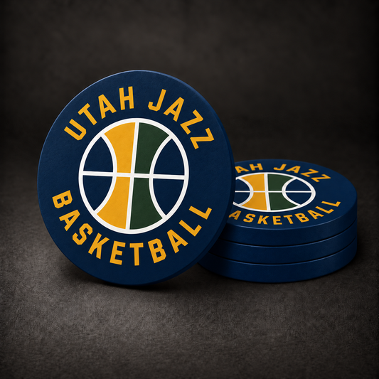 Utah Jazz Basketball drink coasters, three thick navy coasters stacked and one standing on a charcoal background