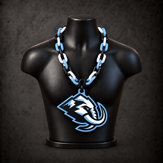 Utah Mammoth Classic Hype Chain with alternating black / ice blue / white links on a black display bust