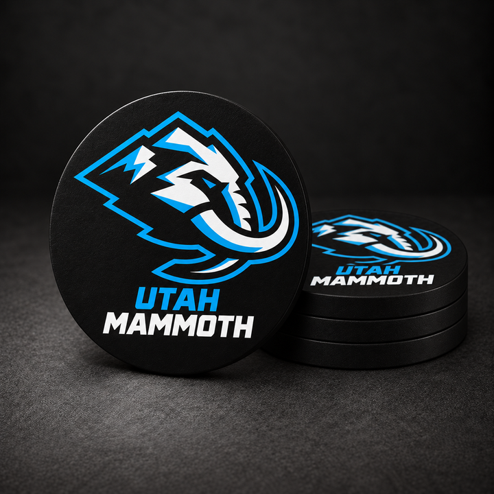 Utah Mammoth Drink Coasters – three stacked plus one standing