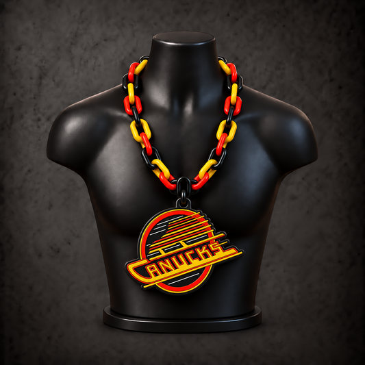 Vancouver Canucks Retro Classic Hype Chain with alternating black / red / gold links on a black display bust
