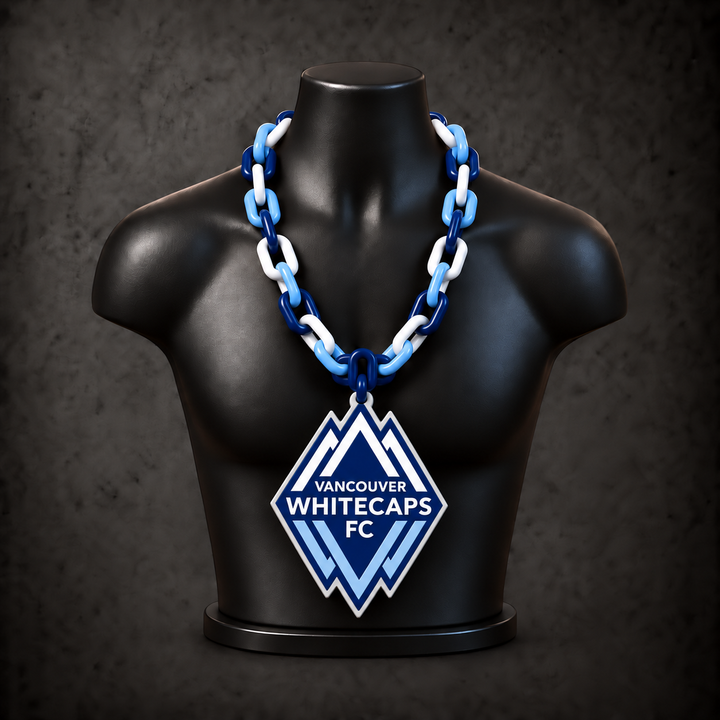 Vancouver Whitecaps FC Classic Hype Chain with navy blue, sky blue, white alternating plastic links on a black display bust