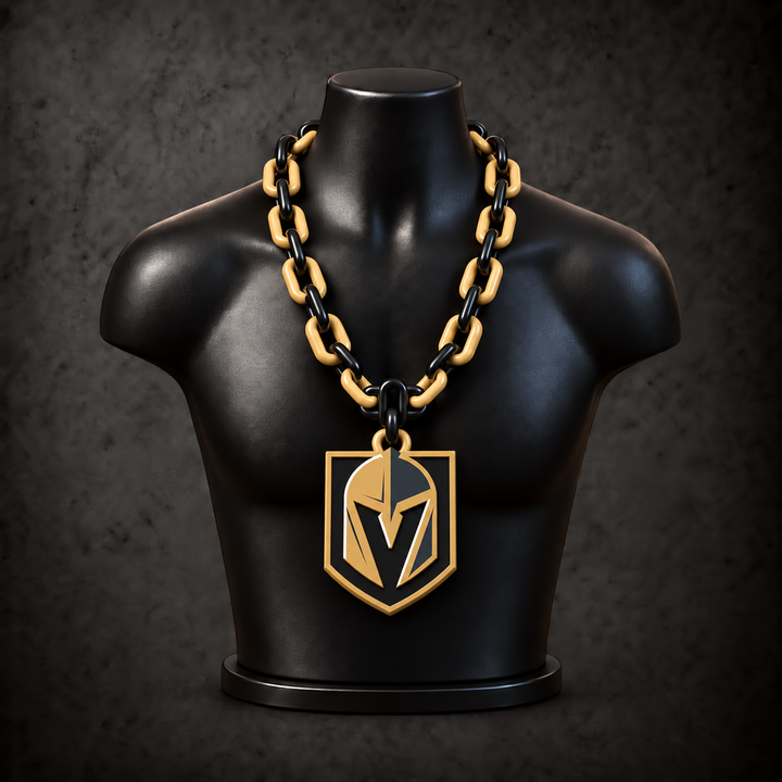 Vegas Golden Knights Classic Hype Chain with alternating black / gold links on a black display bust
