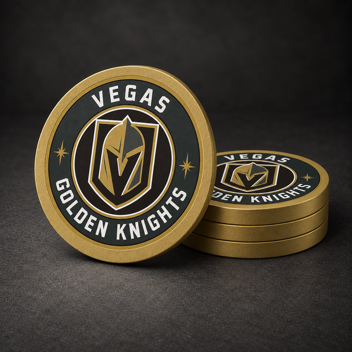 Vegas Golden Knights Drink Coasters with gold sides, three stacked and one standing on a dark charcoal background